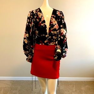 Michael Kors Collection Italy Red Wool Mini Skirt Leather Lace Down Sides 6 NWT